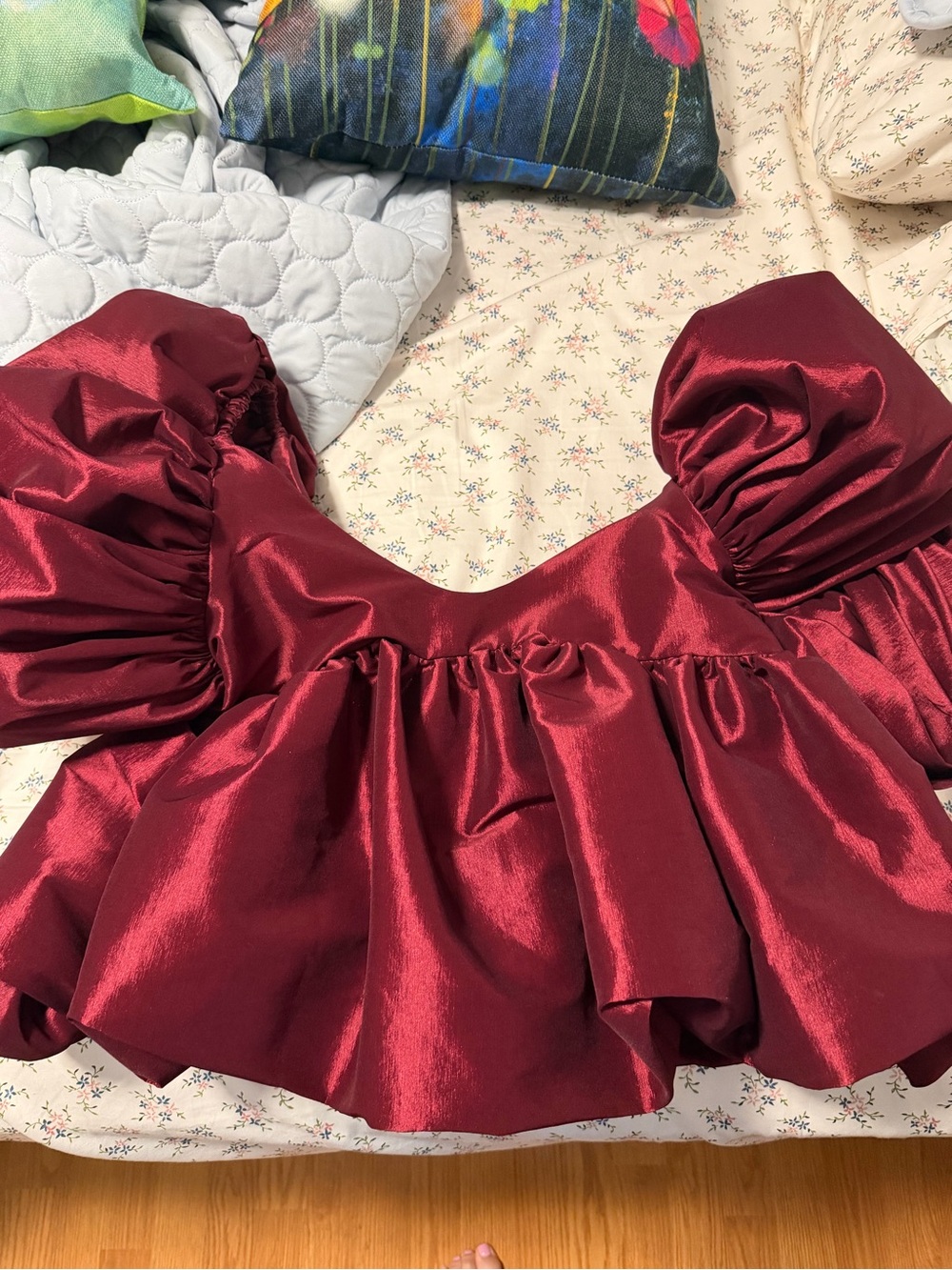 KIKA VARGAS Puff Sleeve Satin Peplum Top - Burgundy - Picture 3 of 5